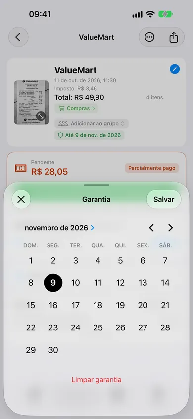 Seletor de data de garantia aberto em uma nota fiscal da ValueMart